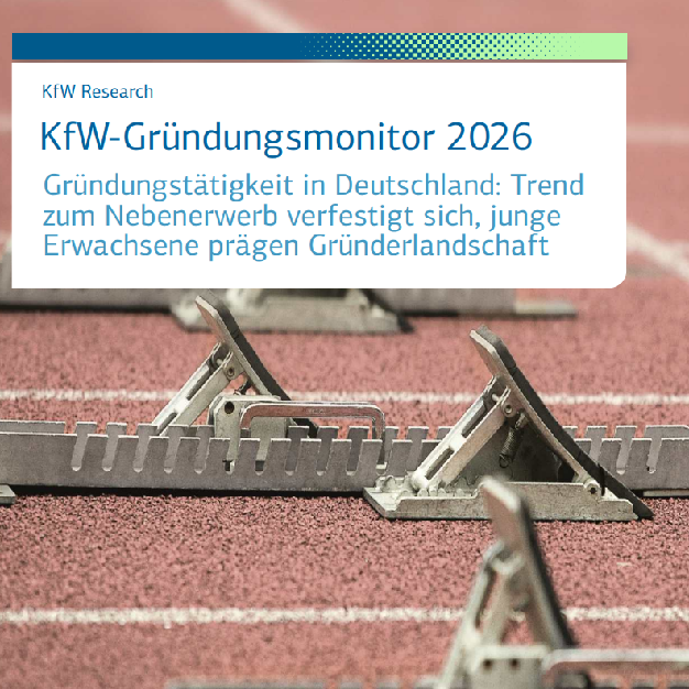 Deckblatt des KfW-Gründungsmonitors 2026 mit der Überschrift: Gründungstätigkeit in Deutschland: Trend zum Nebenjob verfestigt sich , junge Erwachsene prägen Gründerlandschaft.